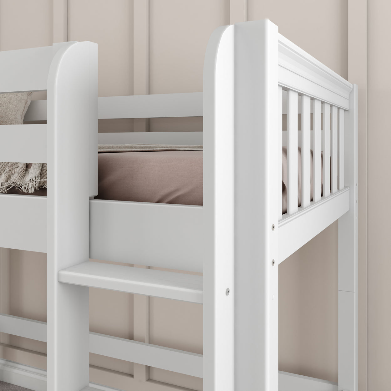 White wooden bunk bed with ladder and beige bedding against a neutral wall background.