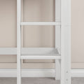 Close-up of white wooden bunk bed ladder and frame against a beige wall and gray carpet in a minimalist kids' bedroom