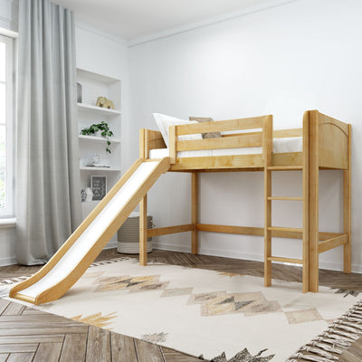 Wooden loft bed with slide and ladder in modern children's bedroom.
