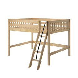 Wooden loft bed with ladder and safety rail for kids' bedroom.