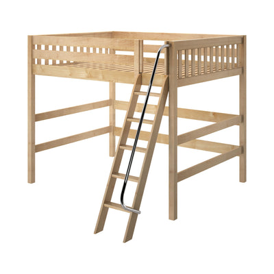 Wooden loft bed with ladder, ideal space-saving furniture for small bedrooms.