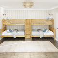 Natural wood twin-over-full bunk beds with built-in drawer ladder, gray bedding and blue accent pillows, wall-mounted reading lights and modern drum pendant on white vertical shiplap wall in a coastal-style kids' bedroom with neutral rug