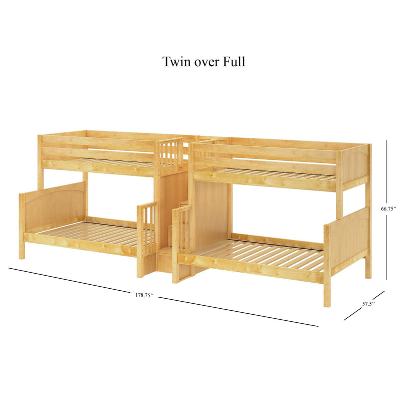 Twin-over-full wooden bunk bed with natural finish, built-in staircase and guardrails, slatted mattress platforms, 178.75" L × 57.5" D × 66.75" H