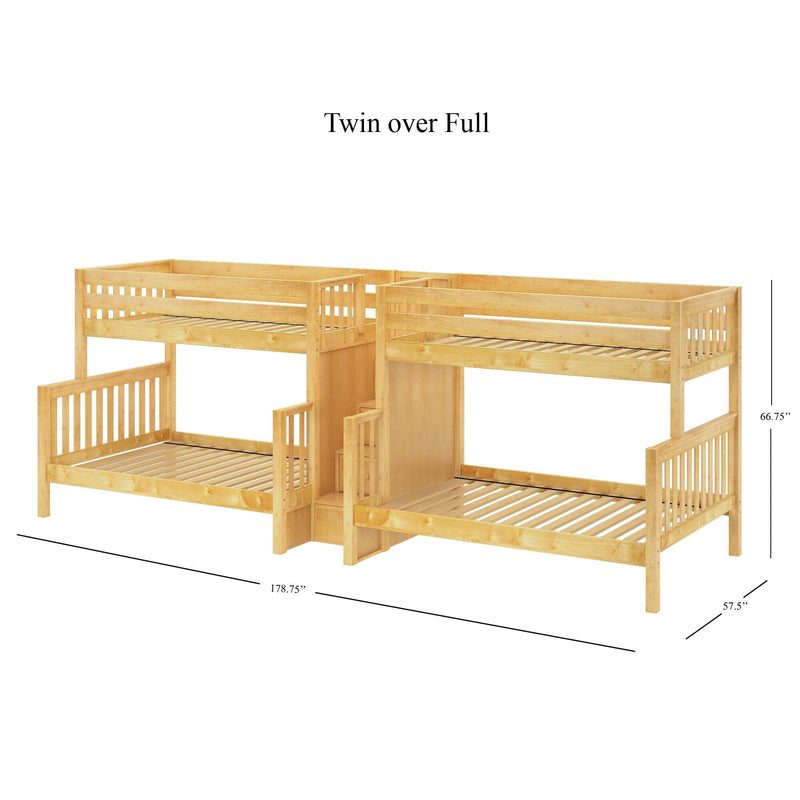 Twin-over-full solid wood bunk bed in natural finish with guardrails and slatted platforms — space-saving, sturdy kids' bedroom solution