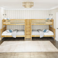 Light wood twin bunk beds with built-in storage ladder, gray bedding and blue accent pillows against white shiplap walls in kids' bedroom