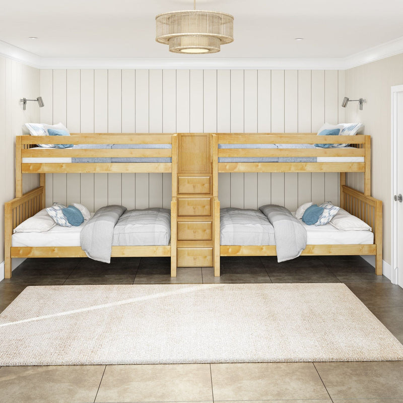 Light wood twin bunk beds with built-in storage ladder, gray bedding and blue accent pillows against white shiplap walls in kids' bedroom