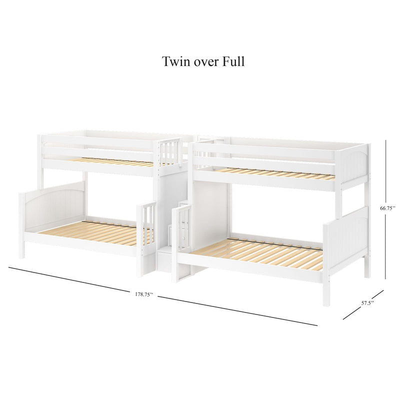 White wooden twin-over-full bunk bed with built-in staircase storage, safety guard rails and slatted mattress supports — 178.75" L × 57.5" D × 66.75" H
