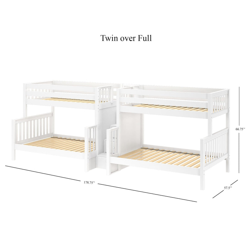 White twin-over-full bunk bed with built-in stairs and safety guardrails, wooden slatted mattress supports, space-saving kids loft bed — dimensions 178.75" L x 57.5" W x 66.75" H