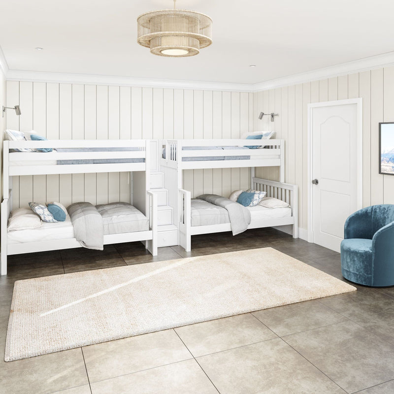 Bright coastal farmhouse kids' bedroom with white bunk beds, beige shiplap walls, neutral area rug, tiled floor and blue accents