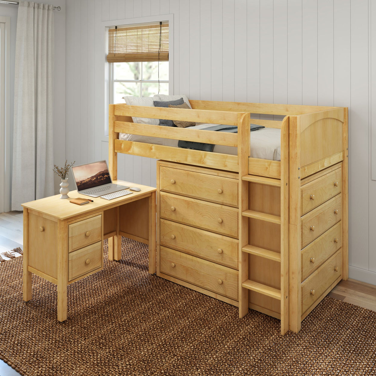 Loft bed with built-in desk and drawers in a modern bedroom setting.