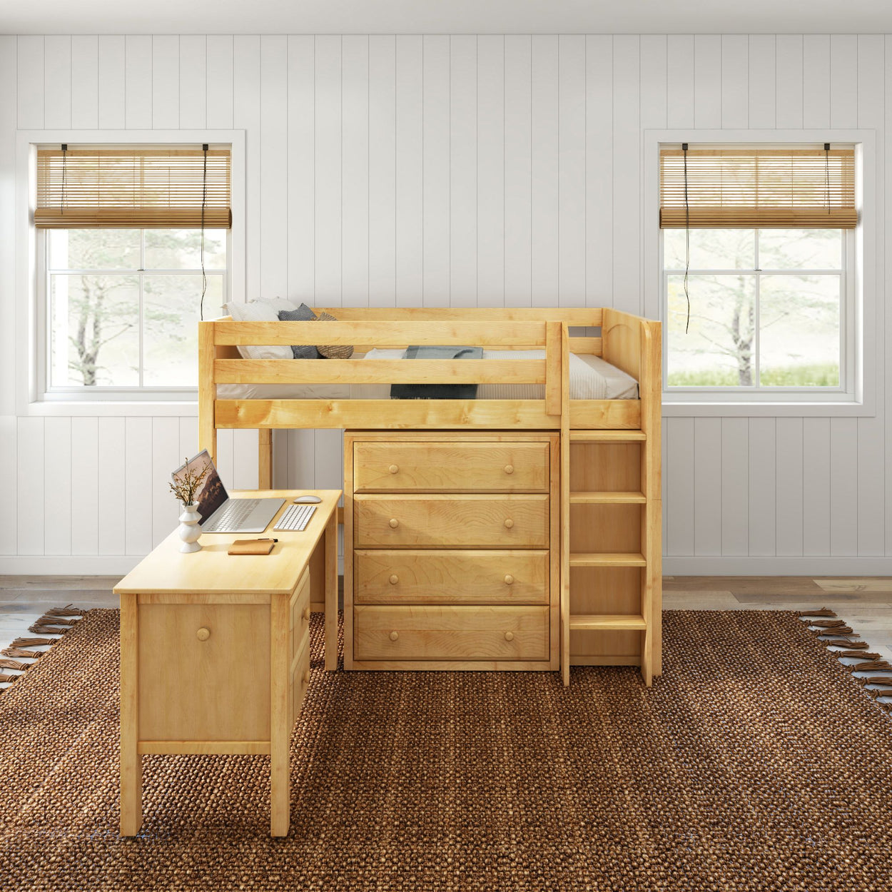 Children's room with wooden loft bed and integrated desk for small spaces.
