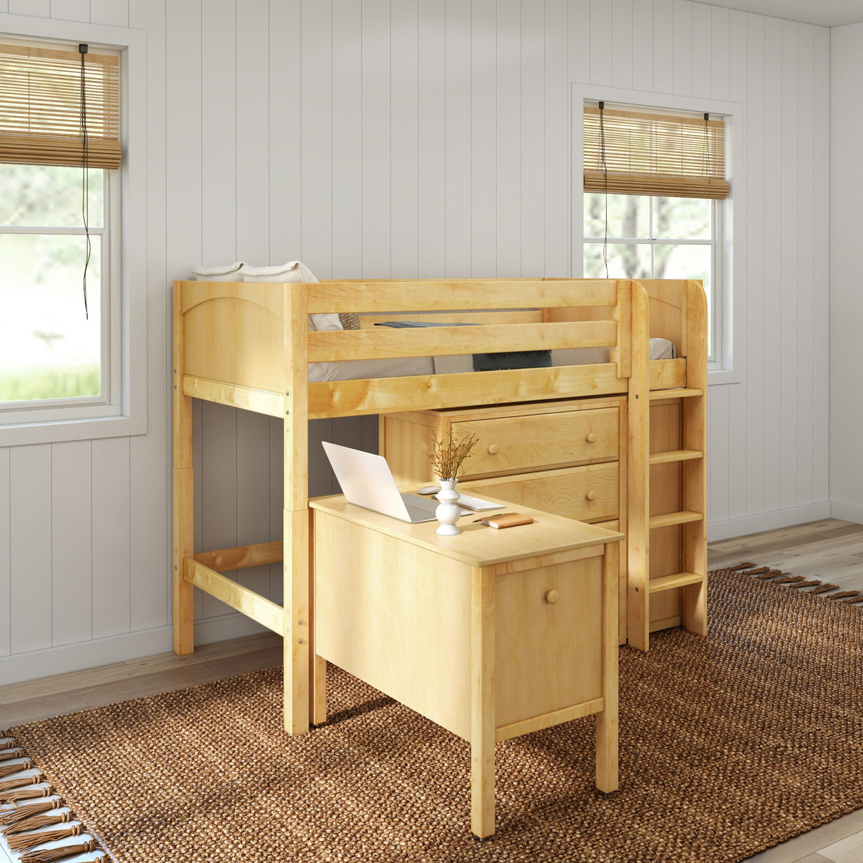 Loft bed with desk and storage in a bright, modern bedroom space.
