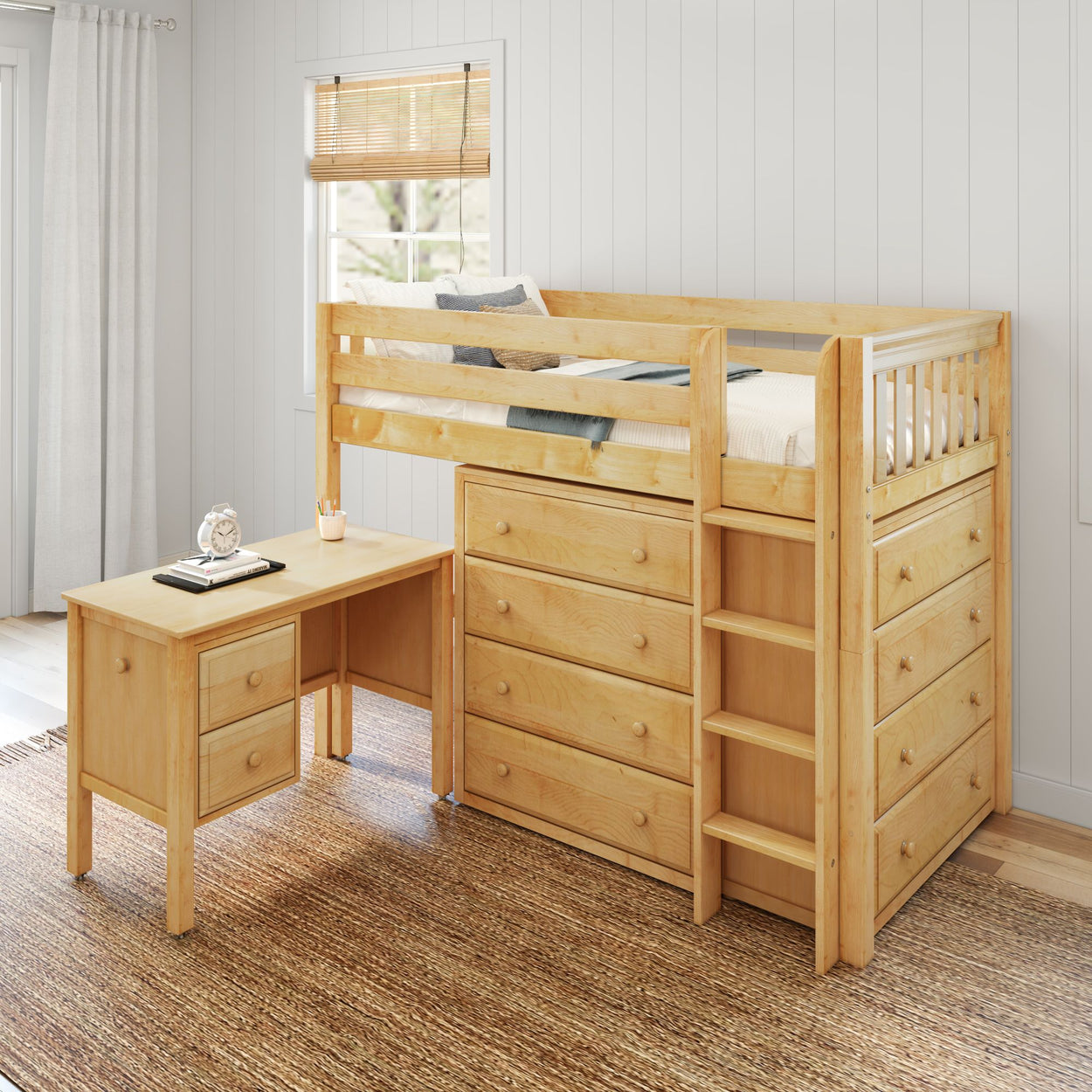 Wooden loft bed with integrated drawers and desk in a bright bedroom.