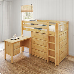 Wooden loft bed with integrated drawers and desk in a bright bedroom.