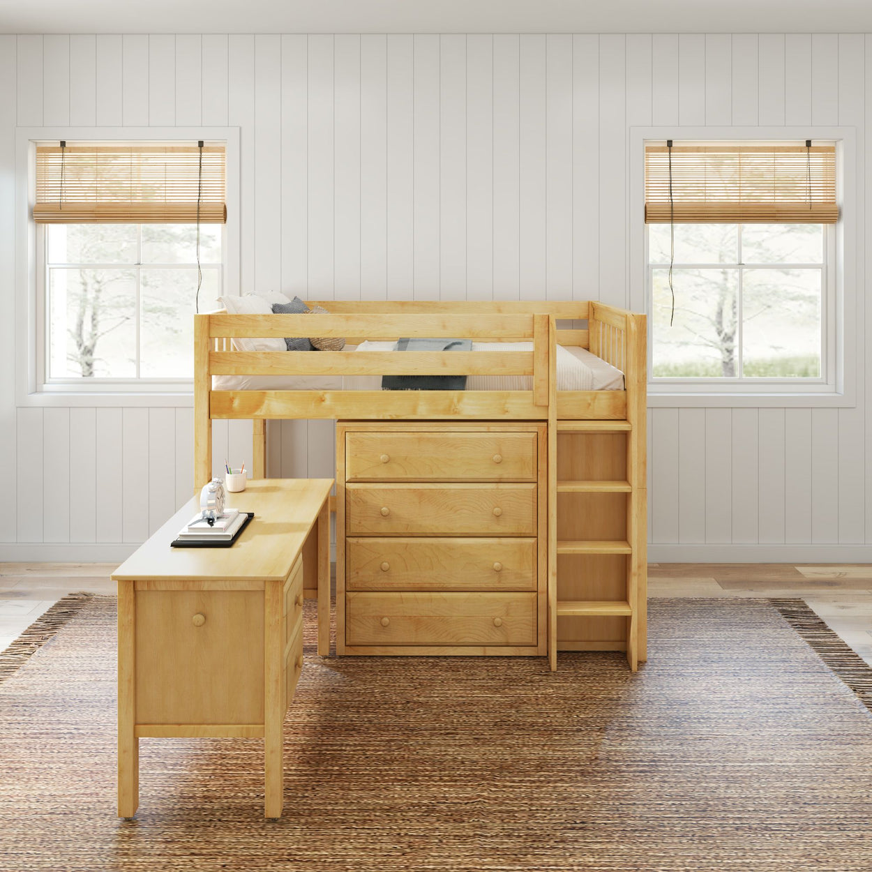 Wooden loft bed with desk and storage in bright bedroom.