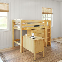 Wooden loft bed with integrated desk and drawers in a bright bedroom, ideal for maximizing space in kids' rooms.