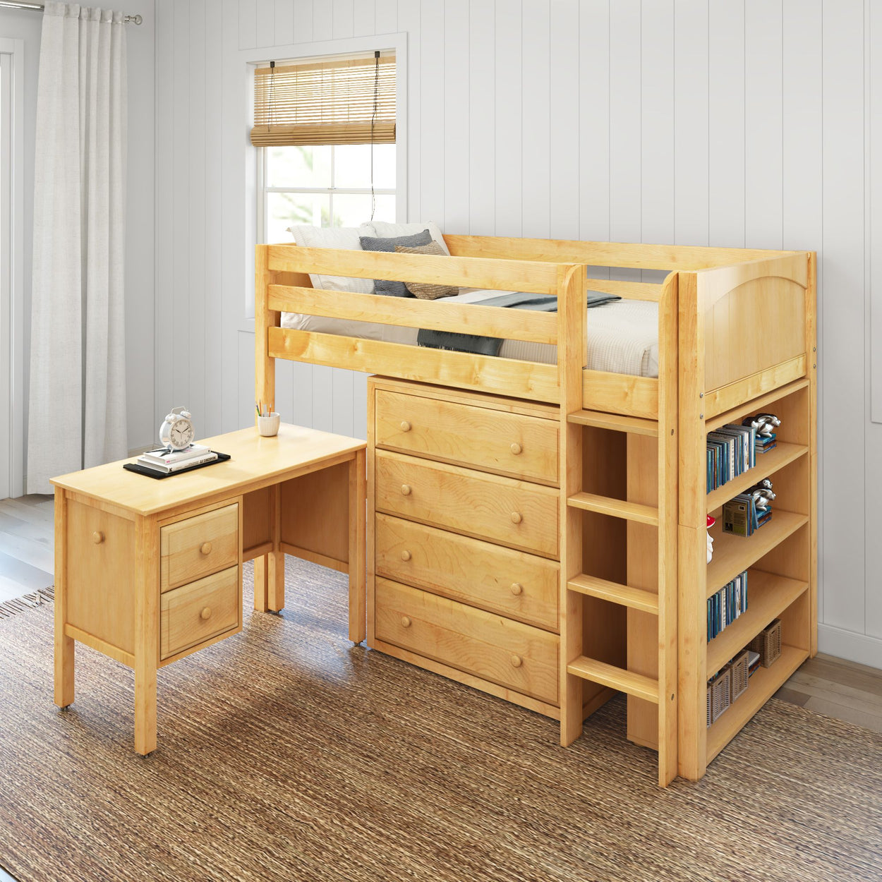 Wooden loft bed with built-in desk, drawers, and ladder, perfect for maximizing space in a small bedroom.