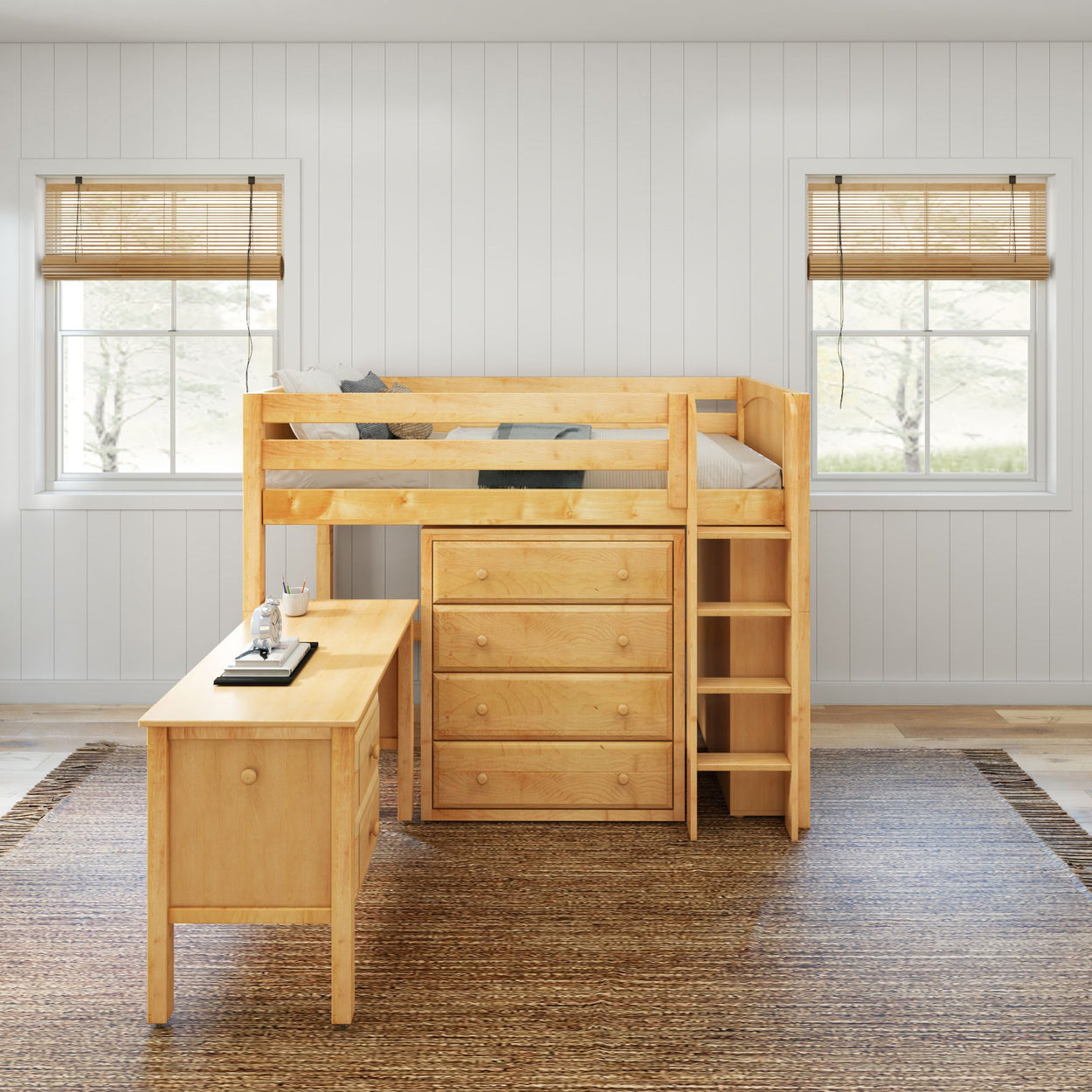 Wooden loft bed with integrated desk and drawers in a bright, modern bedroom setting.