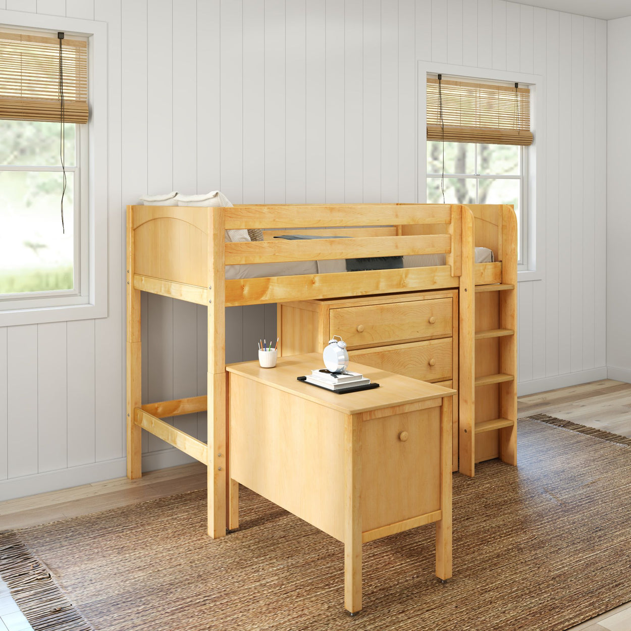 Wooden loft bed with desk and storage in a bright, minimalist room with natural light.