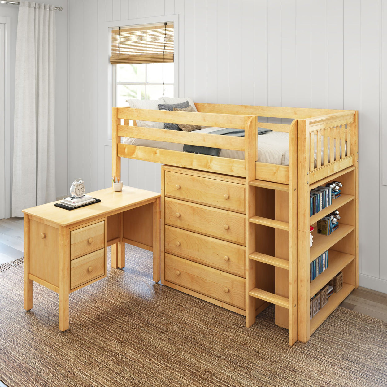Space-saving wooden loft bed with integrated desk and storage shelves ideal for kids' bedrooms.