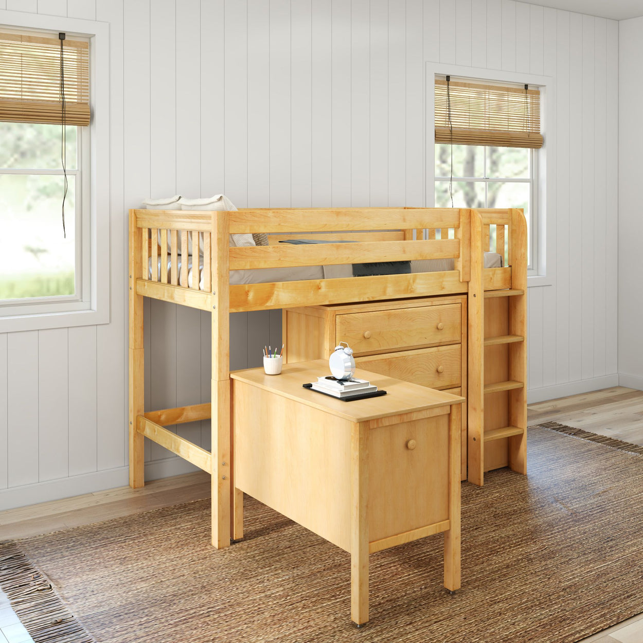 Wooden loft bed with integrated desk and storage drawers, ideal for maximizing space in a stylish bedroom.