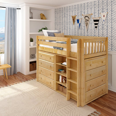 Children's wooden loft bed with storage drawers and ladder in a modern bedroom.