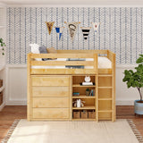 BLING6 NS : Storage & Study Loft Beds Twin Mid Loft w/straight ladder, 2x 4 drawer dresser, 22.5" Mid Bookcase, Slat, Natural
