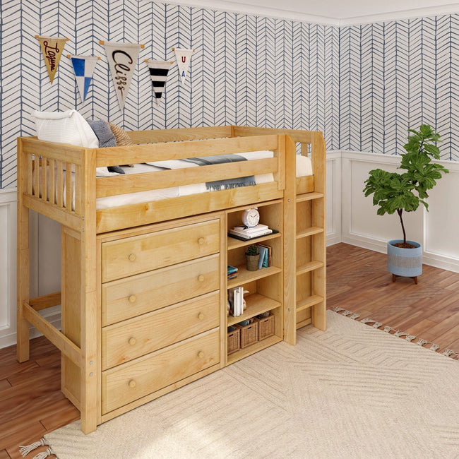 BLING6 NS : Storage & Study Loft Beds Twin Mid Loft w/straight ladder, 2x 4 drawer dresser, 22.5" Mid Bookcase, Slat, Natural