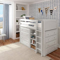White loft bed with built-in drawers and shelving in a coastal kids' bedroom featuring blue chevron wallpaper, pennant banners, light gray curtains and hardwood floor