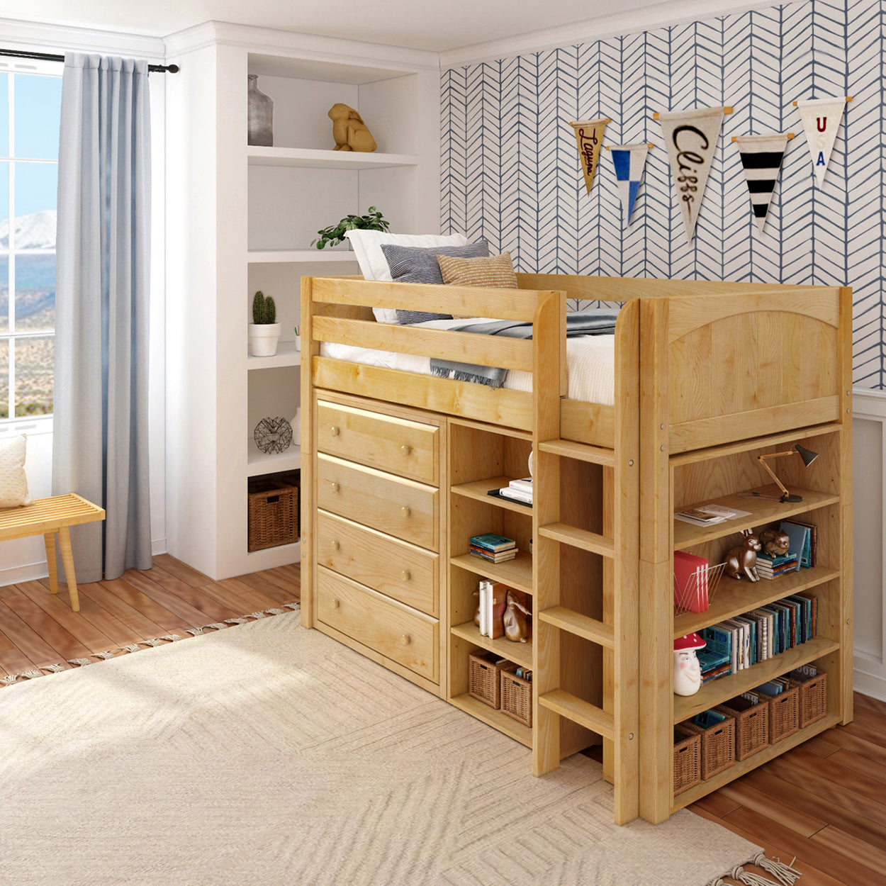 Wooden loft bed with built-in storage and bookshelf in a modern children's bedroom with chevron wallpaper.