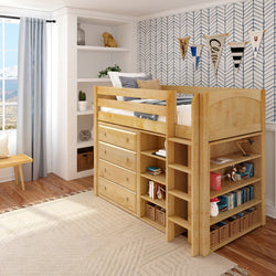 Wooden loft bed with built-in storage and bookshelf in a modern children's bedroom with chevron wallpaper.