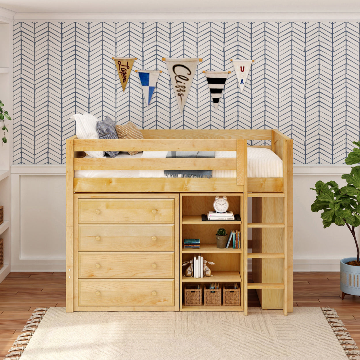 Wooden loft bed with built-in storage and shelving in modern kids' room.
