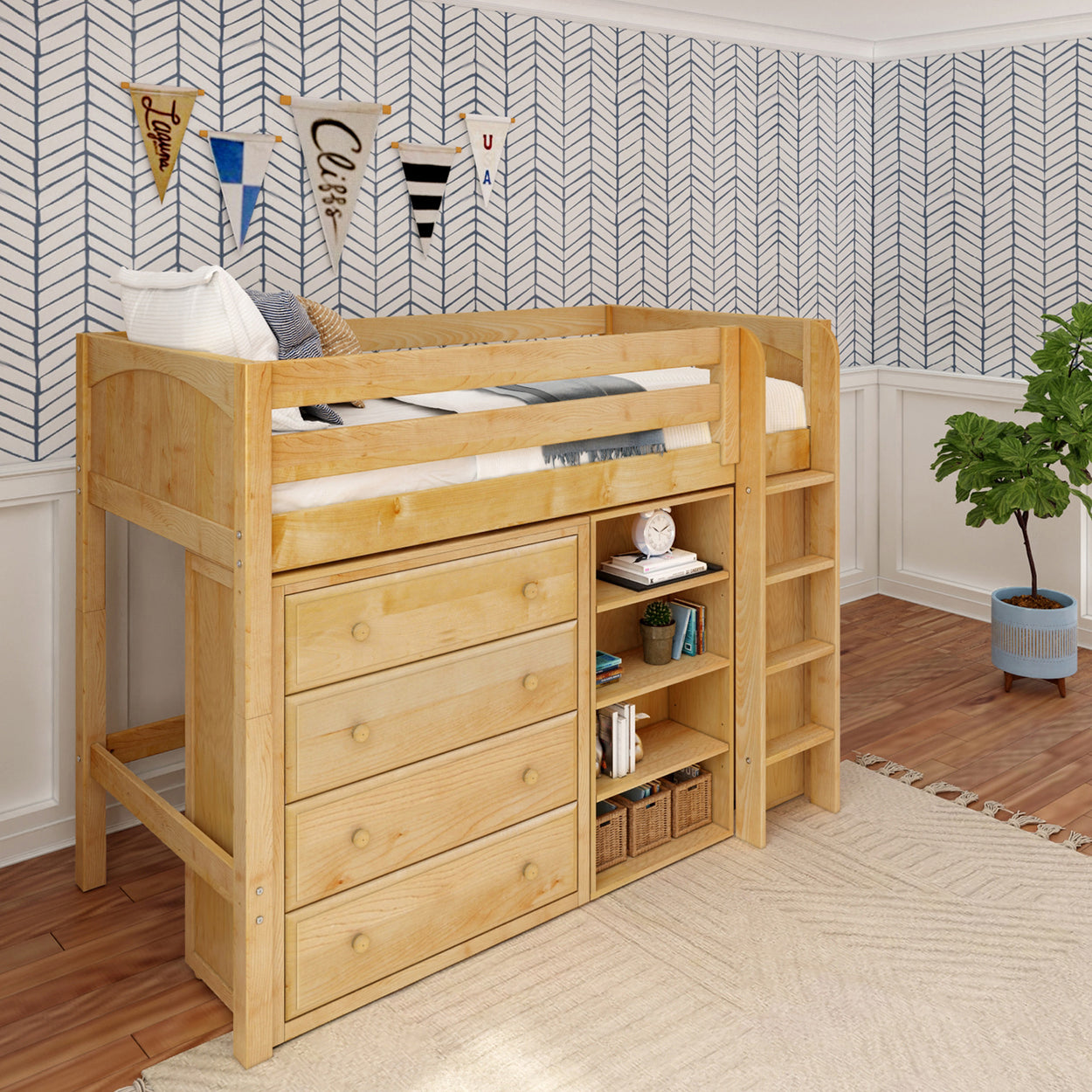 Wooden loft bed with integrated storage drawers and bookshelves in a stylish children's bedroom.