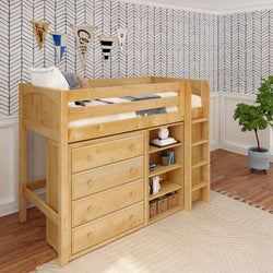 Wooden loft bed with integrated storage drawers and bookshelves in a stylish children's bedroom.