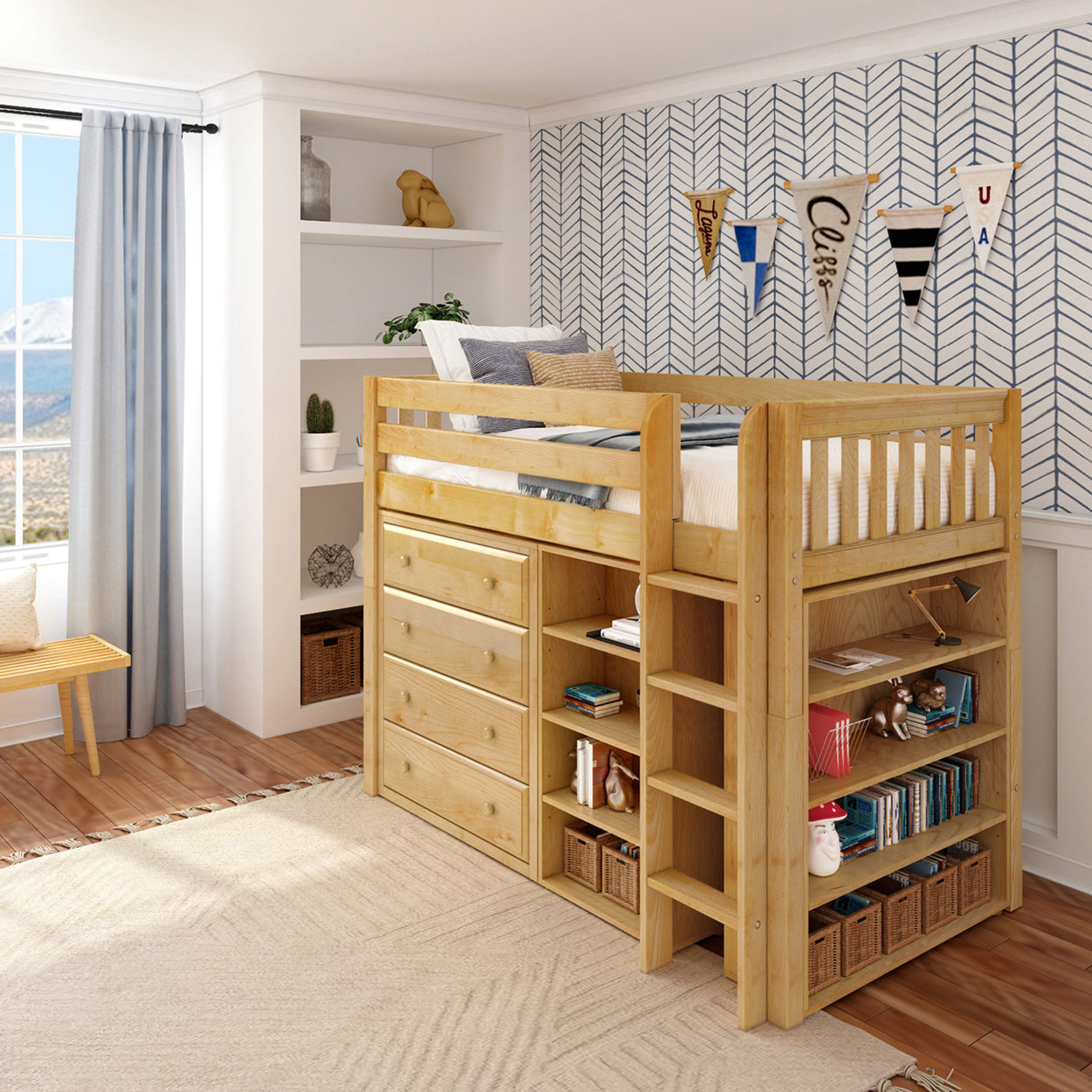 Kids room with loft bed, shelving, and chevron wallpaper decor.