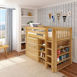 Kids room with loft bed, shelving, and chevron wallpaper decor.