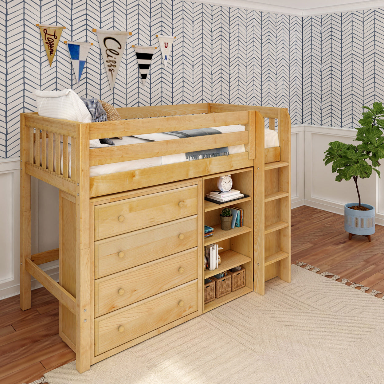 Wooden loft bed with built-in storage and ladder in a kids' room with decorative wall design.