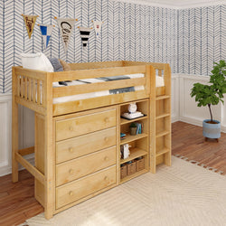 Wooden loft bed with built-in storage and ladder in a kids' room with decorative wall design.