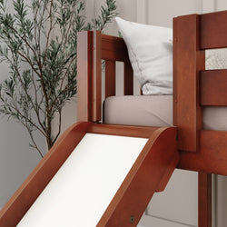 Wooden loft bed with slide and decorative green plant, kid’s room interior design.