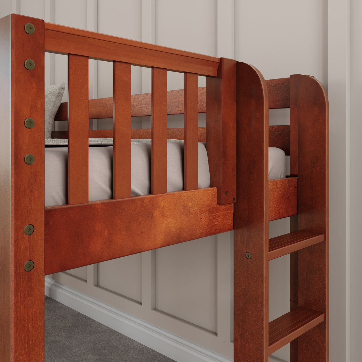Wooden loft bed with ladder in a modern bedroom.