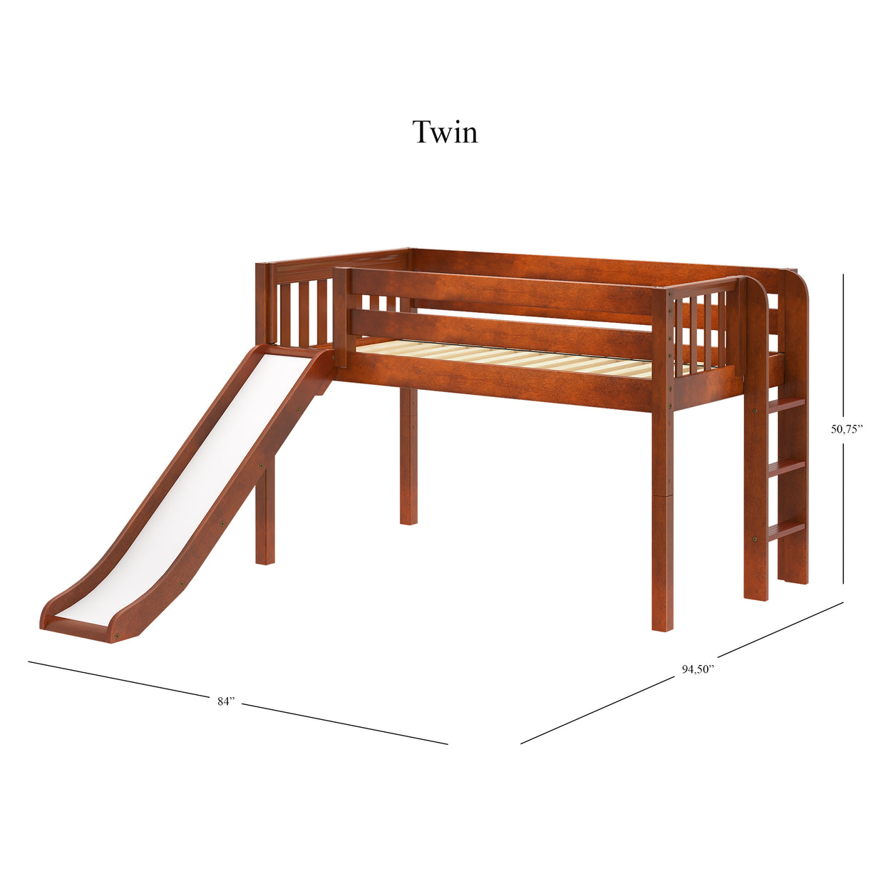 Twin wooden loft bed with slide and ladder, measurements 94.50" L x 50.75" H x 84" W.