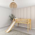 Wooden kids loft bed with slide in neutral nursery bedroom with board-and-batten wall, rattan pendant light and indoor plant