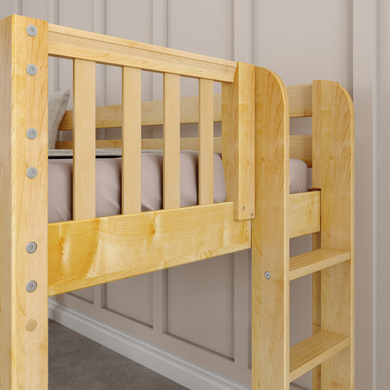Wooden bunk bed with ladder and beige wall background, ideal for kids' rooms.