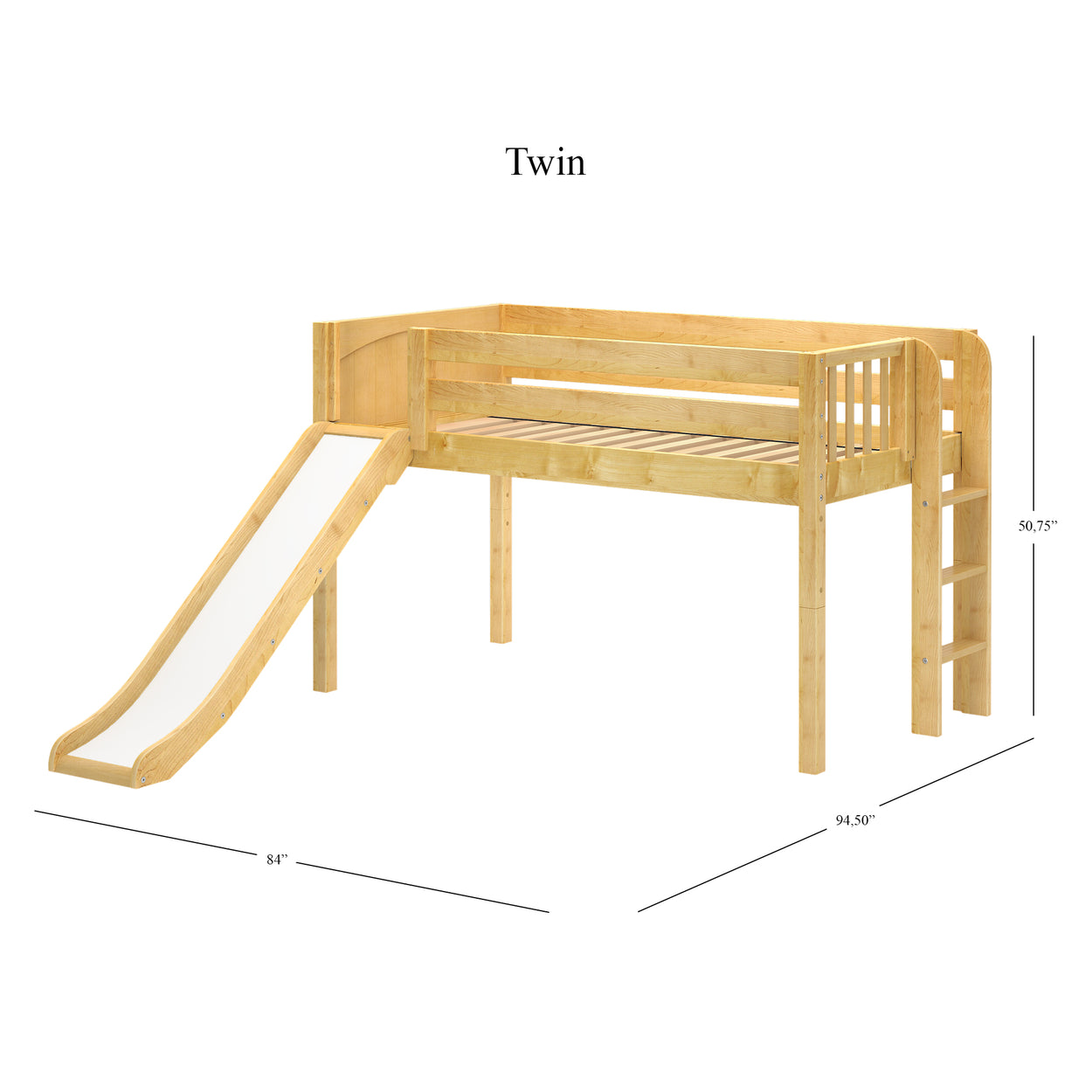 Twin wooden loft bed with slide and ladder, 50.75 inches tall, perfect for kids' room.