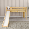 Natural pine kids loft bed with slide in neutral modern children's bedroom, light gray paneled wall, soft pillows and patterned rug