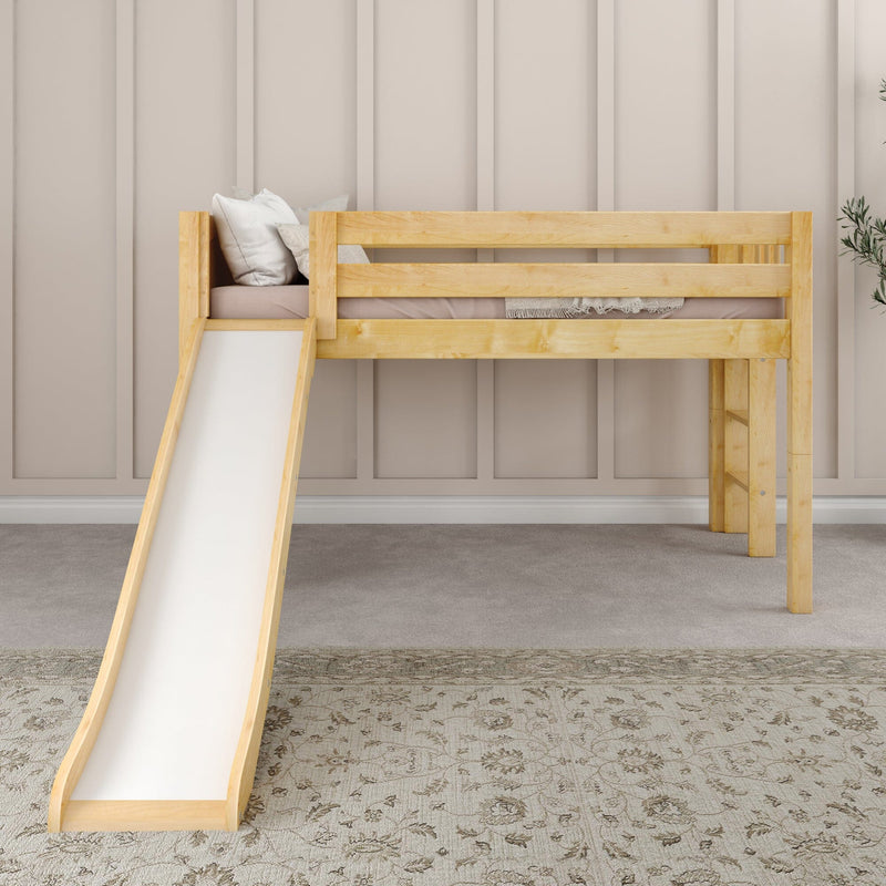 Natural pine kids loft bed with slide in neutral modern children's bedroom, light gray paneled wall, soft pillows and patterned rug
