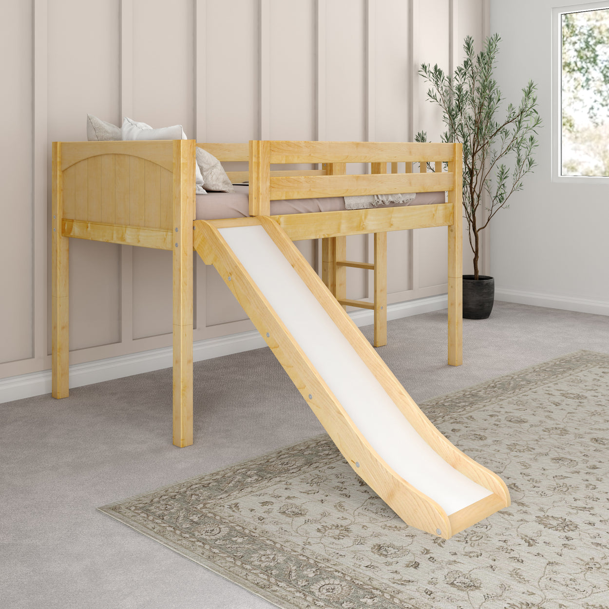 Wooden loft bed with slide and ladder in modern bedroom interior.