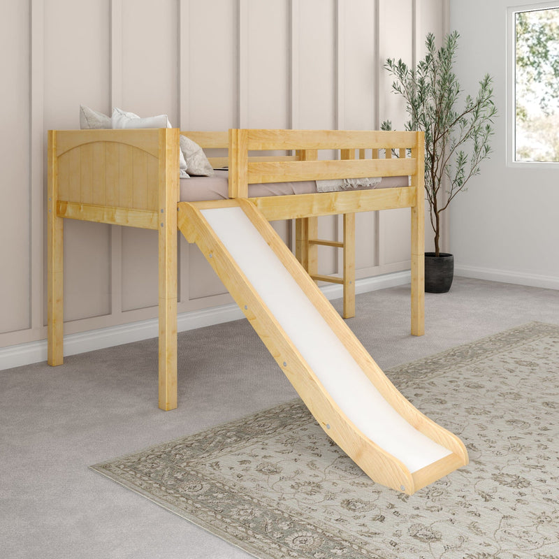 Kids loft bed with slide, solid wood natural finish in a neutral modern farmhouse children's bedroom with potted plant and window