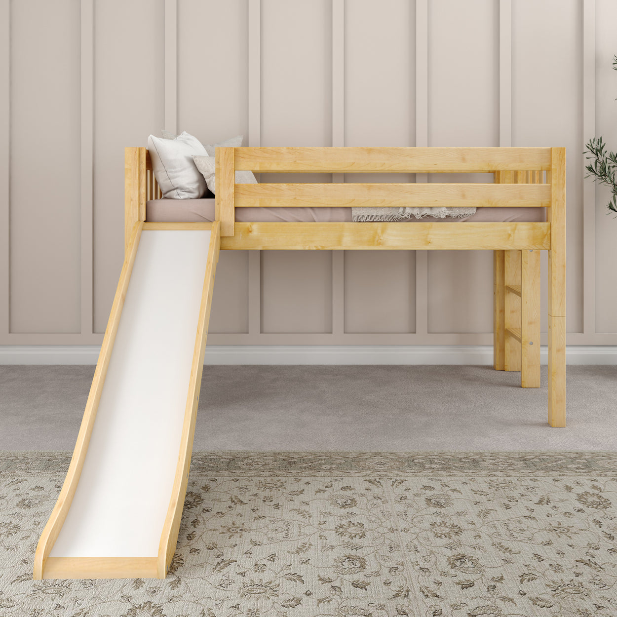 Wooden loft bed with slide in modern children's bedroom.