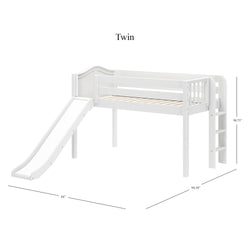 White twin loft bed with slide and ladder for kids, dimensions 50.75 inches tall, ideal space-saving solution for children's bedroom.